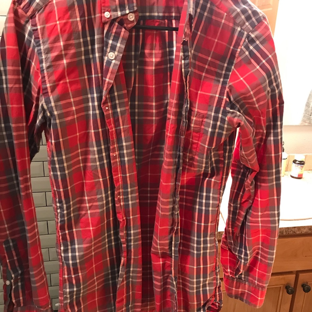 Red and blue j crew plaid button up men’s